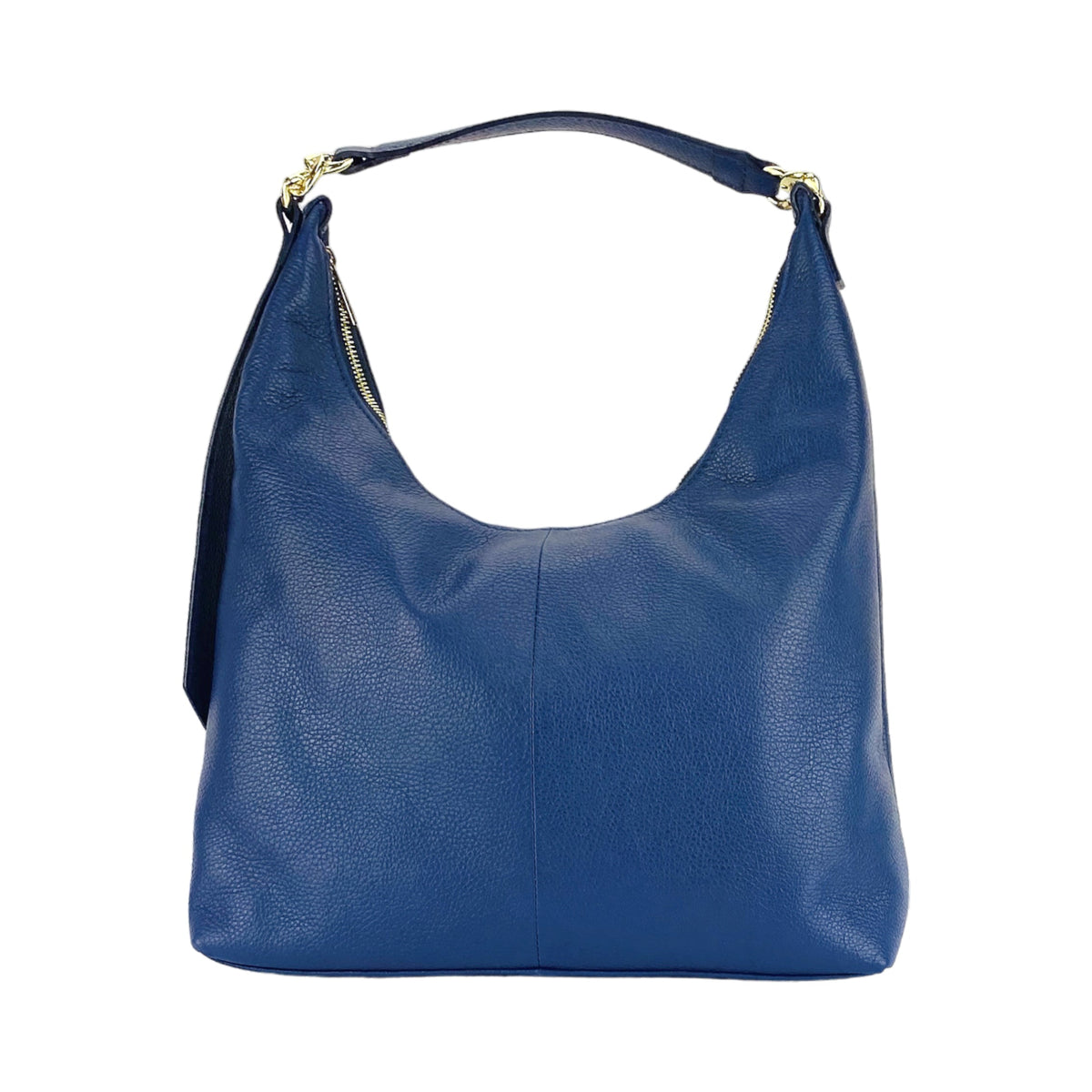 RB1017D | Women's Soft Shoulder Bag in Genuine Leather Made in Italy with single handle and removable shoulder strap. Shiny Gold metal snap hook attachments - Blue color - Dimensions: cm 36 x 40 x 13