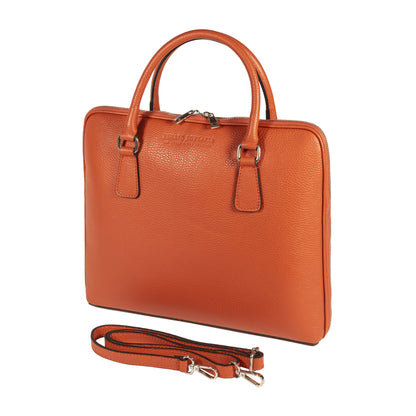 RB1019L | Made in Italy Genuine Leather Unisex Business Briefcase with removable shoulder strap. Polished Nickel metal snap hook attachments - Orange color - Dimensions: 37 x 29 x 6.5 cm.