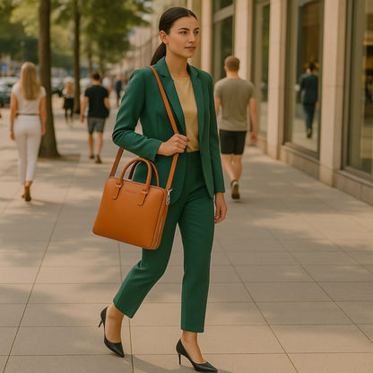 RB1019L | Made in Italy Genuine Leather Unisex Business Briefcase with removable shoulder strap. Polished Nickel metal snap hook attachments - Orange color - Dimensions: 37 x 29 x 6.5 cm.