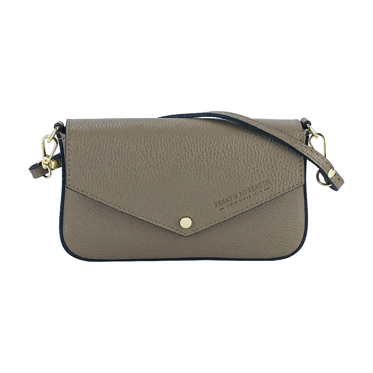 RB1023AQ | Small Shoulder Bag with Removable Chain Strap in Genuine Leather Made in Italy. Flap Closure. Shiny Gold metal hardware - Taupe color - Dimensions: 22 x 12 x 3 cm.