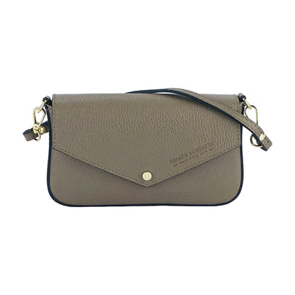 RB1023AQ | Small Shoulder Bag with Removable Chain Strap in Genuine Leather Made in Italy. Flap Closure. Shiny Gold metal hardware - Taupe color - Dimensions: 22 x 12 x 3 cm.
