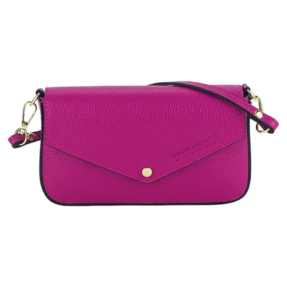 RB1023BE | Small Shoulder Bag with Removable Chain Strap in Genuine Leather Made in Italy. Flap Closure. Shiny Gold metal hardware - Fuxia color - Dimensions: 22 x 12 x 3 cm.