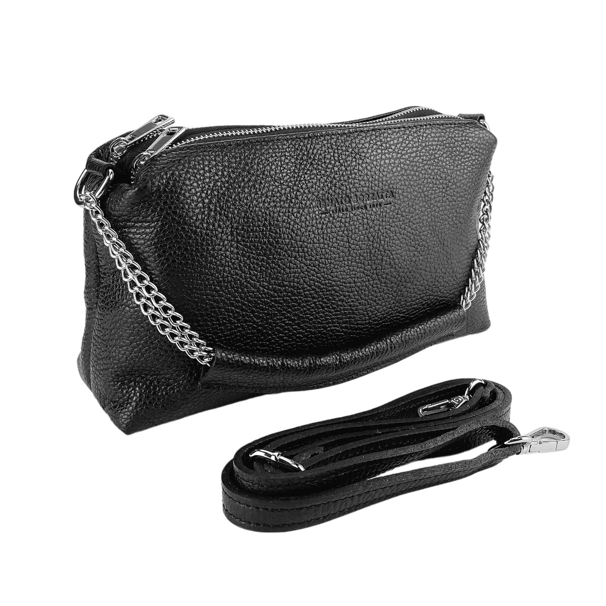 RB1025A | Women's Hand Bag with double zipper in Genuine Leather Made in Italy. Adjustable leather shoulder strap. Shiny Nickel hardware - Black color - Dimensions: cm 26 x 14 x 9