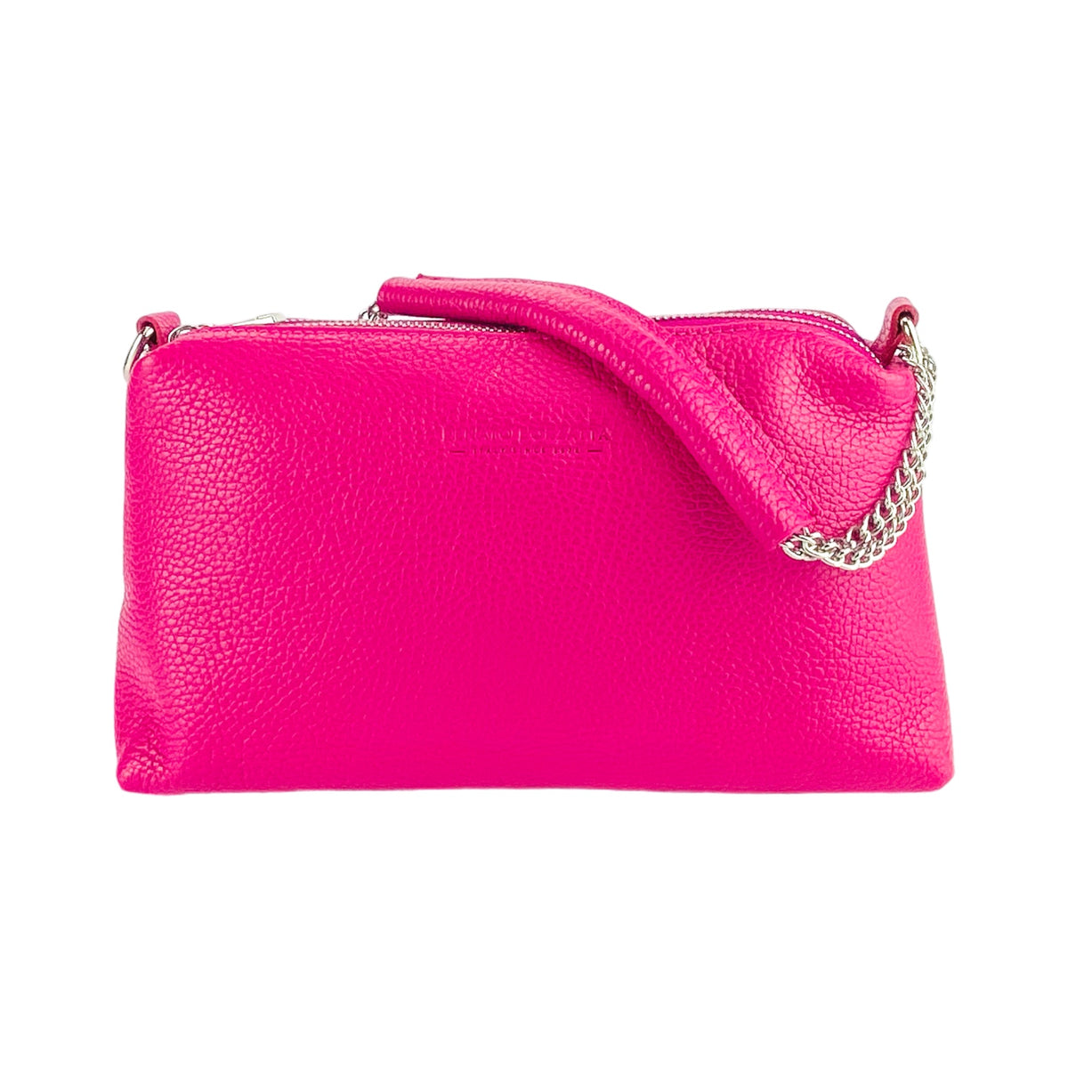 RB1025BE | Women's Hand Bag with double zipper in Genuine Leather Made in Italy. Adjustable leather shoulder strap. Shiny Nickel hardware - Fuxia color - Dimensions: cm 26 x 14 x 9