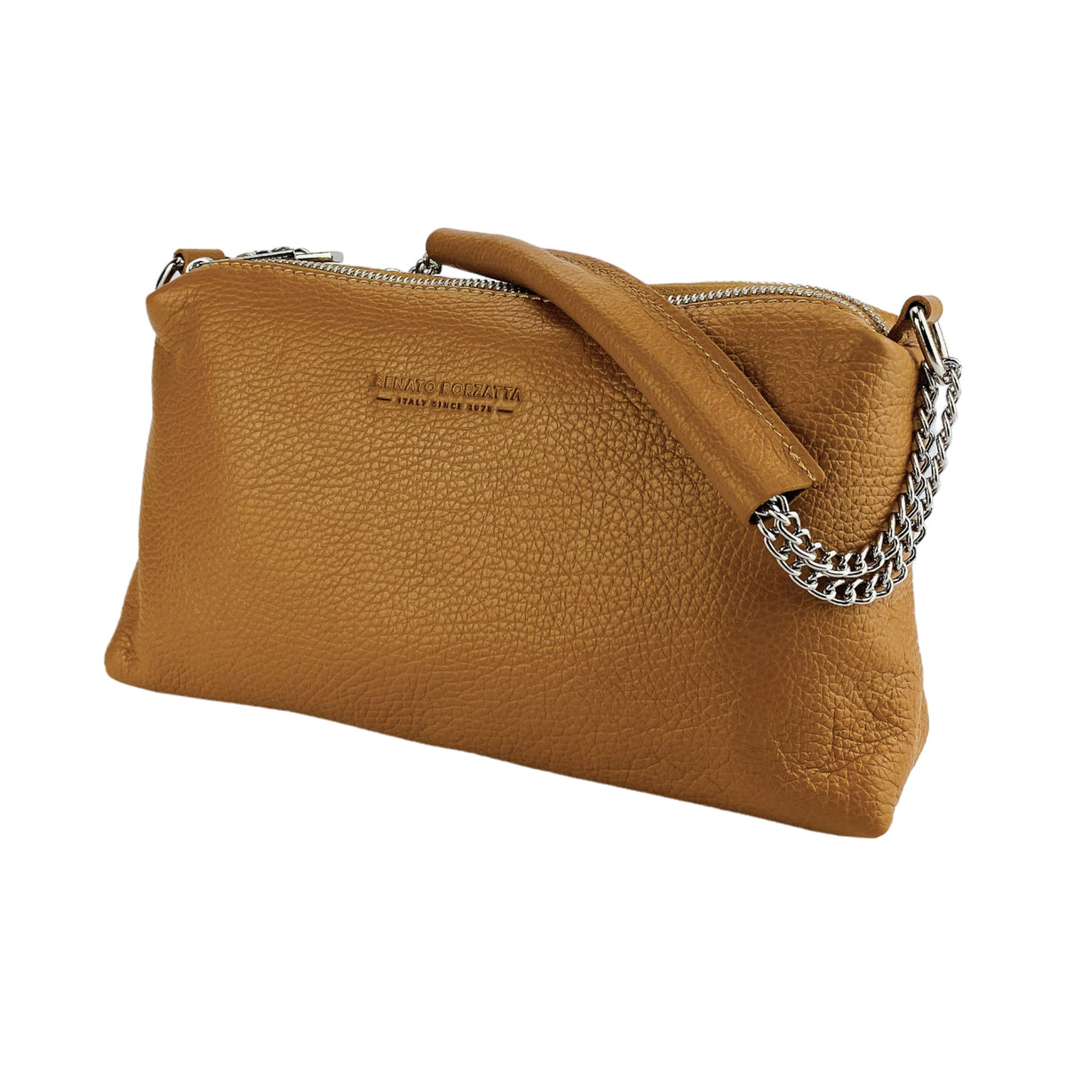 RB1025S | Women's Hand Bag with double zipper in Genuine Leather Made in Italy. Adjustable leather shoulder strap. Polished Nickel hardware - Cognac color - Dimensions: 26 x 14 x 9 cm.