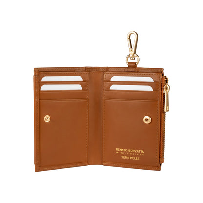 RB1085S | Women's Wallet Made in Italy in Soft Genuine Sauvage Leather. Matte Gold Metal Hardware. Cognac Color. Dimensions (closed): 8 x 11.5 x 2 cm