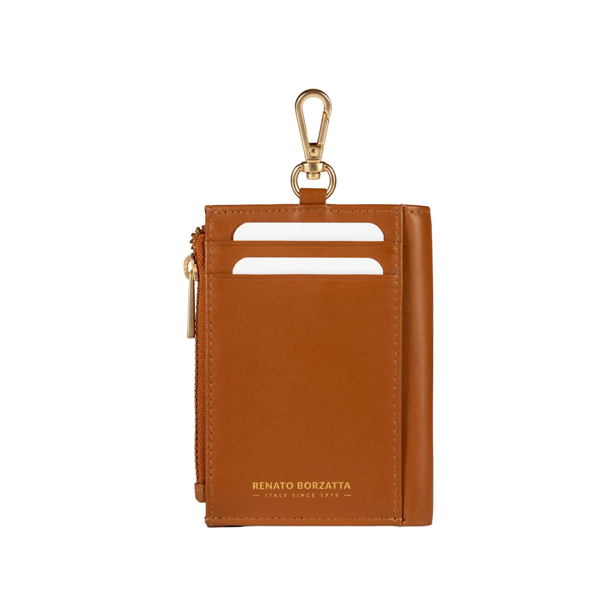 RB1085S | Women's Wallet Made in Italy in Soft Genuine Sauvage Leather. Matte Gold Metal Hardware. Cognac Color. Dimensions (closed): 8 x 11.5 x 2 cm