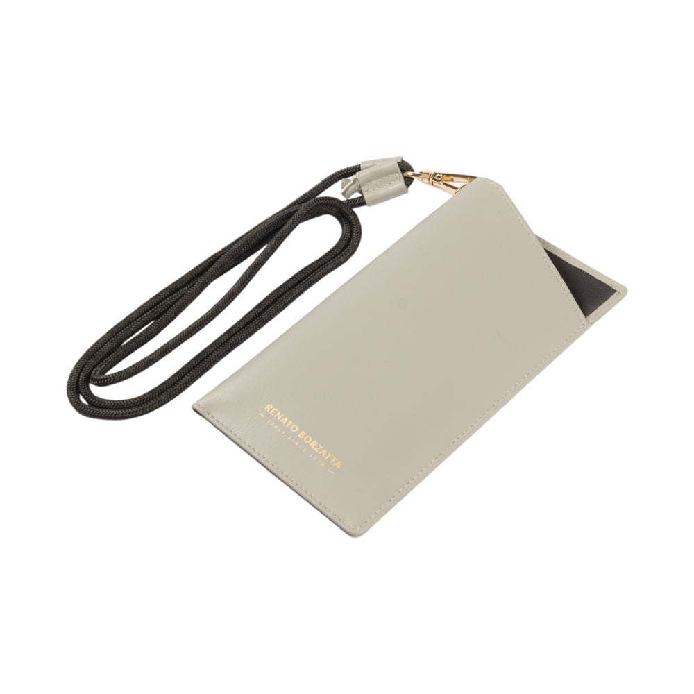 RB1087F | Glasses/Smartphone Case with Shoulder Strap Made in Italy in Genuine Smooth Matte Leather. Color: Gray