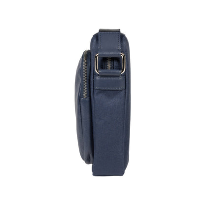 RB2002D | Nylon/Vera Leather Shoulder Bag, with light grain. Zipper closure and adjustable shoulder strap - Blue color - Size: 15.5 x 21 x 7 cm. Packaging: Non-Woven Fabric Bag