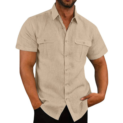 Cotton Linen Hot Sale Men Short-Sleeved Shirts Summer Solid Color Stand-Up Collar Casual Beach Style Plus SizeMale Shirts M-5XL-6