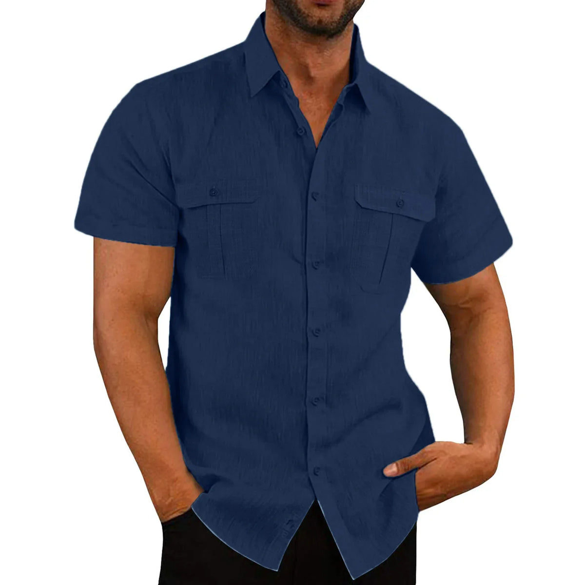 Cotton Linen Hot Sale Men Short-Sleeved Shirts Summer Solid Color Stand-Up Collar Casual Beach Style Plus SizeMale Shirts M-5XL-8