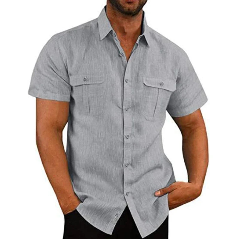 Cotton Linen Hot Sale Men Short-Sleeved Shirts Summer Solid Color Stand-Up Collar Casual Beach Style Plus SizeMale Shirts M-5XL-7