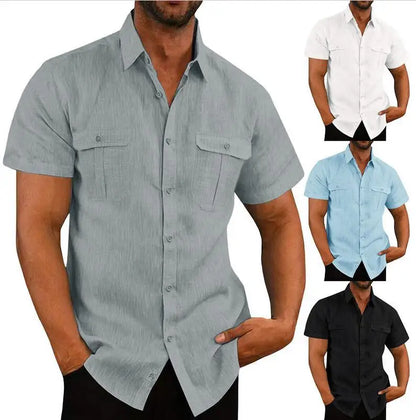 Cotton Linen Hot Sale Men Short-Sleeved Shirts Summer Solid Color Stand-Up Collar Casual Beach Style Plus SizeMale Shirts M-5XL-2