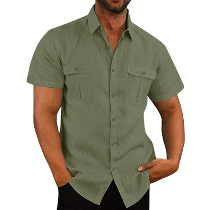 Cotton Linen Hot Sale Men Short-Sleeved Shirts Summer Solid Color Stand-Up Collar Casual Beach Style Plus SizeMale Shirts M-5XL-5