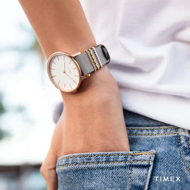 Timex Women's Gray Leather Watch, White Dial | Tw2t45400-3