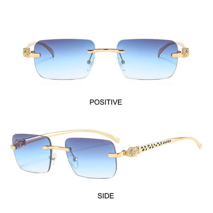 Gradient Leopard Head Decorated Sunglasses Rimless Rectangular Sun Glasses for Women Street Shooting Eyewear UV Protection