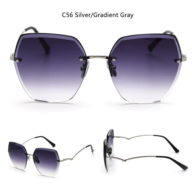Vintage Rimless Cut Edge Sunglasses Brand Designer Luxury Black Shades Metal Frame Big Gradient Square Sunglasses UV400 Oculos