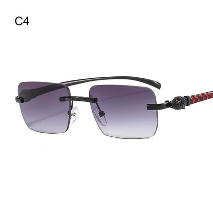 Gradient Leopard Head Decorated Sunglasses Rimless Rectangular Sun Glasses for Women Street Shooting Eyewear UV Protection