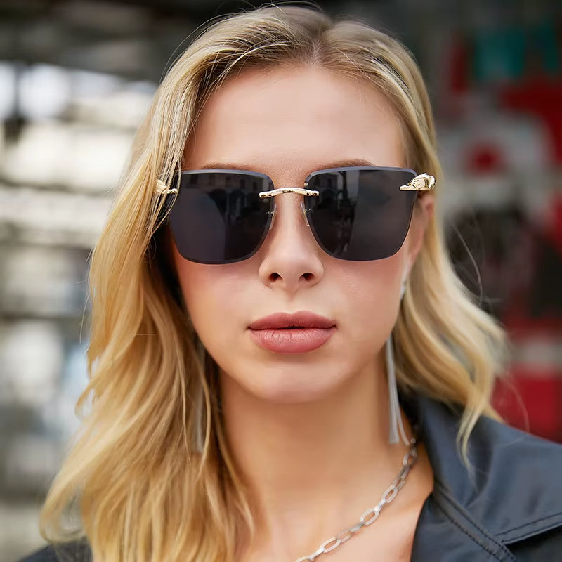 Partagas Fashion Trending Designer Rimless Diamond Cut Lens Leopard Head UV400 Shades Sun Glasses Sunglasses for Women