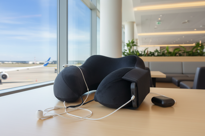 Black travel neck pillow in airport setting