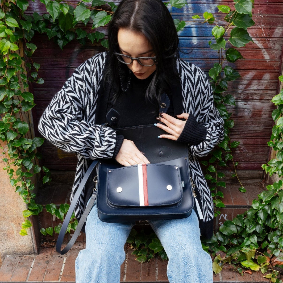 British Edit Handmade Leather Handbag Satchel - Navy with Red & White Stripes