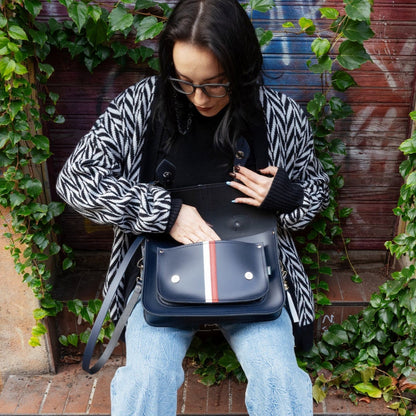 British Edit Handmade Leather Handbag Satchel - Navy with Red & White Stripes