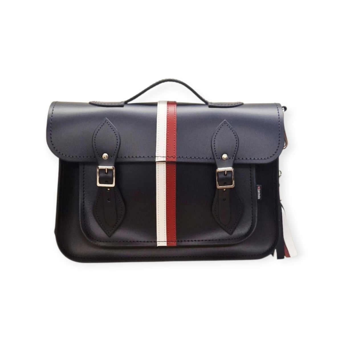 British Edit Handmade Leather Handbag Satchel - Navy with Red & White Stripes