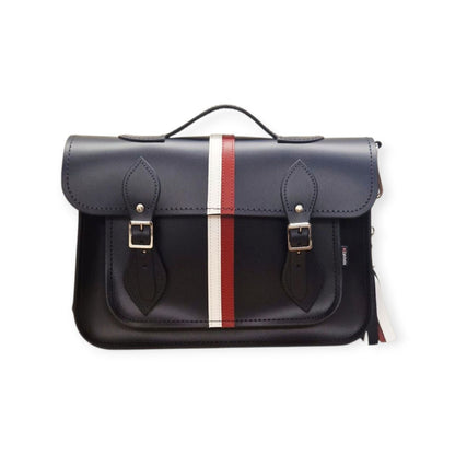 British Edit Handmade Leather Handbag Satchel - Navy with Red & White Stripes