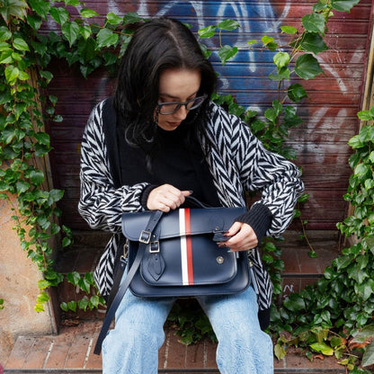 British Edit Handmade Leather Handbag Satchel - Navy with Red & White Stripes