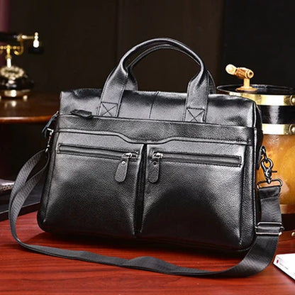 Black Men Genuine Leather Handbags Large Leather 14" Laptop Messenger Bags Business Men'S Travel Bags Shoulder Bags Briefcase