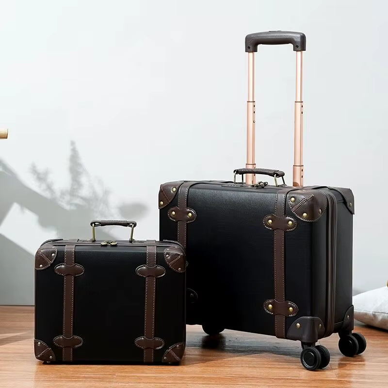 New Fashion PU Leather Travel Bag Rolling Luggage Sets,14"16"18"Inch Women Retro Trolley Suitcase Universal Wheels Boarding Box