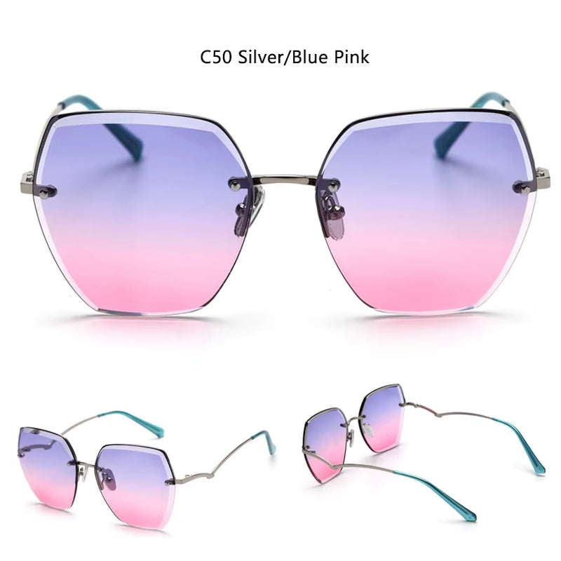 Vintage Rimless Cut Edge Sunglasses Brand Designer Luxury Black Shades Metal Frame Big Gradient Square Sunglasses UV400 Oculos