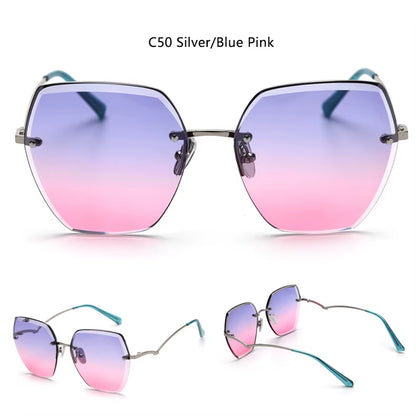 Vintage Rimless Cut Edge Sunglasses Brand Designer Luxury Black Shades Metal Frame Big Gradient Square Sunglasses UV400 Oculos