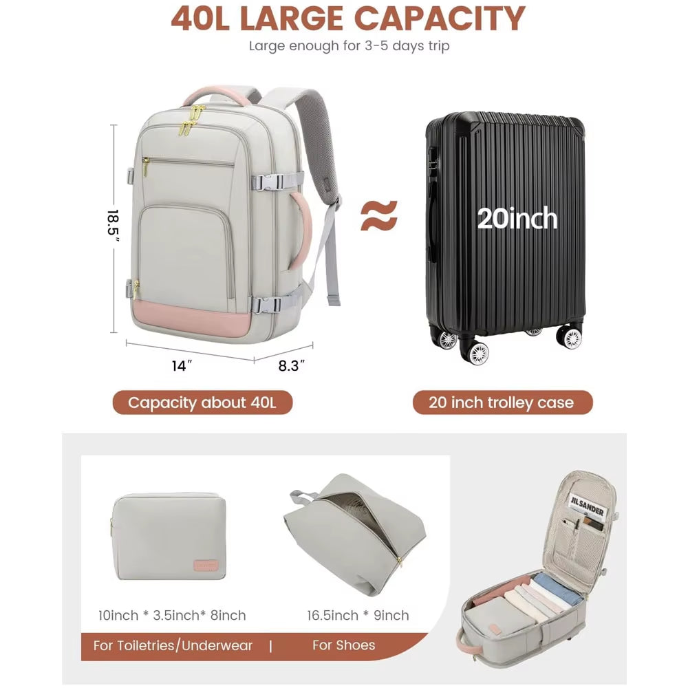 Carry on Backpack, 40L Flight Approved Large Travel Laptop Backpack with USB Charge Port, 17 Inch Water Resistant Luggage