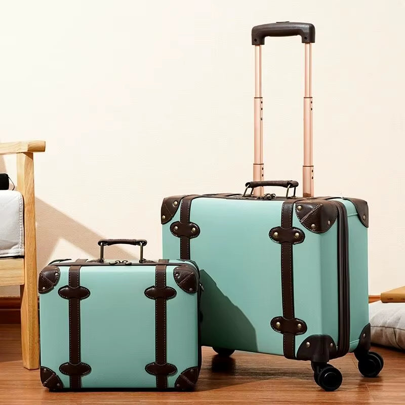 New Fashion PU Leather Travel Bag Rolling Luggage Sets,14"16"18"Inch Women Retro Trolley Suitcase Universal Wheels Boarding Box