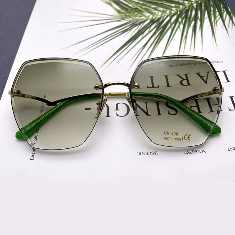 Vintage Rimless Cut Edge Sunglasses Brand Designer Luxury Black Shades Metal Frame Big Gradient Square Sunglasses UV400 Oculos