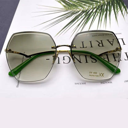 Vintage Rimless Cut Edge Sunglasses Brand Designer Luxury Black Shades Metal Frame Big Gradient Square Sunglasses UV400 Oculos