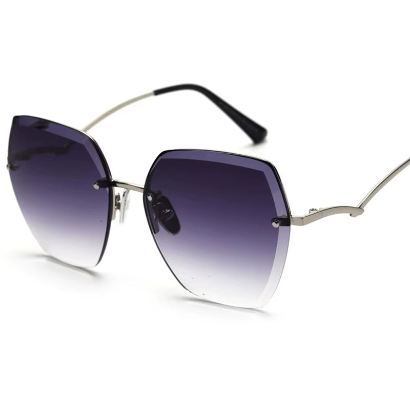 Vintage Rimless Cut Edge Sunglasses Brand Designer Luxury Black Shades Metal Frame Big Gradient Square Sunglasses UV400 Oculos