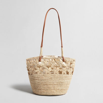 Floral Crochet Woven Straw Tote Bag – Marte Grass Leather Trim Shoulder Bag