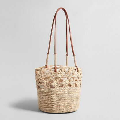 Floral Crochet Woven Straw Tote Bag – Marte Grass Leather Trim Shoulder Bag