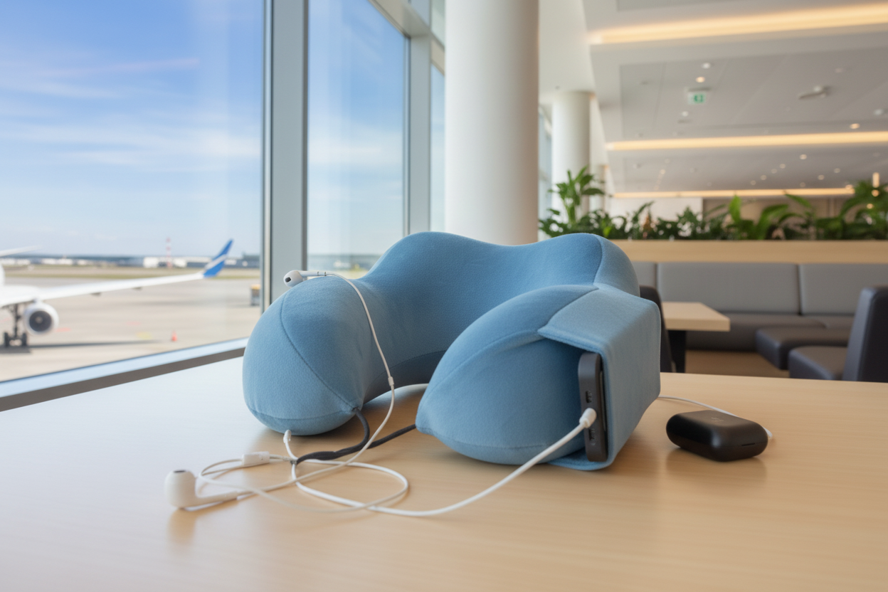 Light blue travel pillow airport lounge