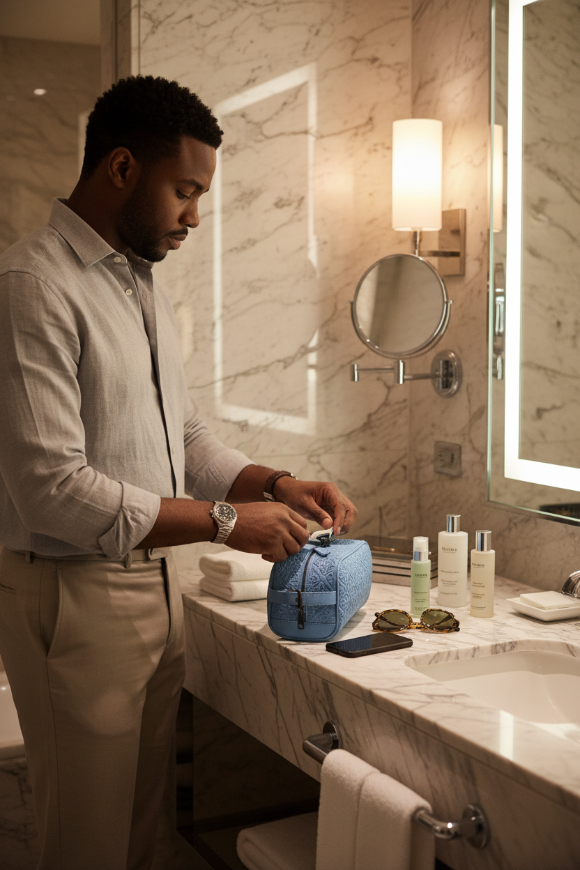 Model with blue toiletry bag
