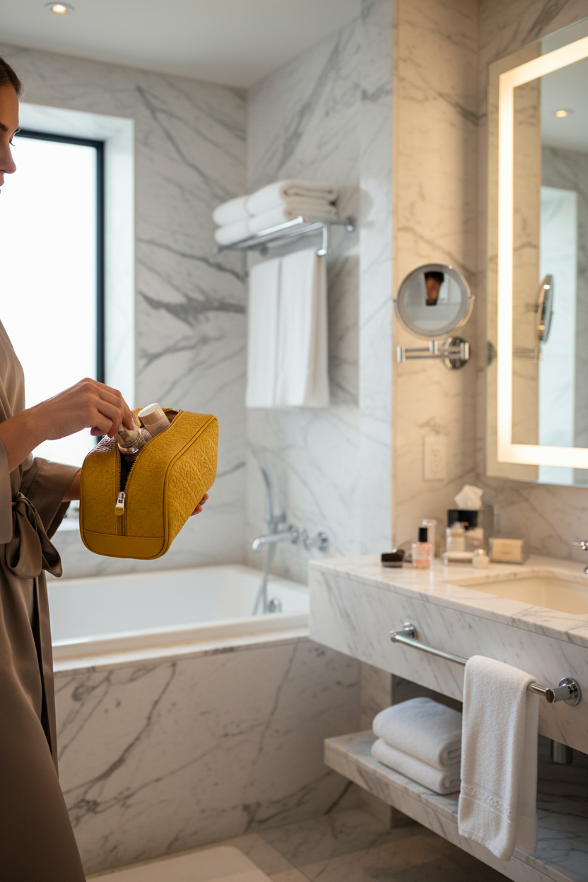 Model with yellow toiletry bag
