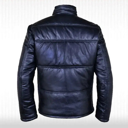 Men’s Black Leather Quilted Bomber Jacket